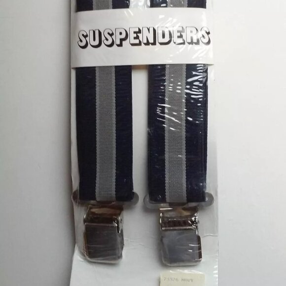 Suspenders Navy Blue & Gray Silver Clip Fasteners One Size 1 3/4" Across - Picture 1 of 3